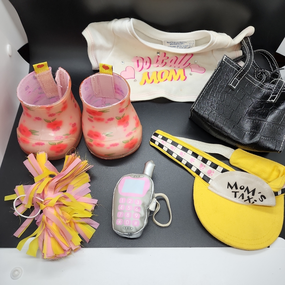 BAB Build a Bear Workshop LOT (Rain Boots, Black Purse, Hat, Shirt & Hair accs.)